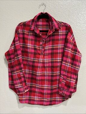 Day + Moon Red Pink Plaid Popover Button-Up Shirt V Neck Sz S Summer TC0108
